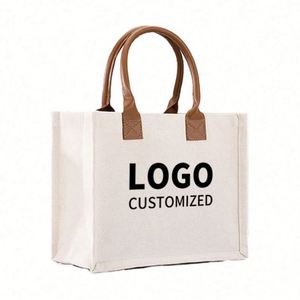 Bolsa de Lona Cuadrada de Alta Calidad para Mujer, con Logotipo Personalizado, Bolsa de Compras de Lona de Algodón Laminada con Asa de PU - Product Image 1