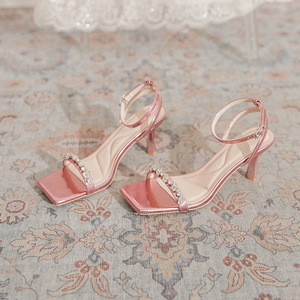 Sandalias de Tacón Alto con Punta Cuadrada de Charol Rosa, con Correa de Tobillo con Pedrería, Tacón de Aguja, Zapatos de Moda de Verano - Product Image 1