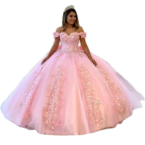 Vestido de Quinceañera Rosa con Hombros Descubiertos, Encaje Floral 3D, Corsé de Corazón, Tul, Estilo Princesa, para Boda, Fiesta de 16 Años, Gala Formal - Product Image 4