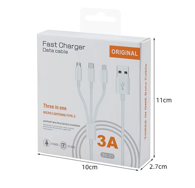 3A Fast Charge One-to-three PVC case Charging Cable Suitable for Type-C Android Mobile Phone USB Three-in-one Data Cable