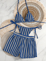 Maillot de bain trois pièces en maille tricotée rayée personnalisé, style bohème féminin, avec ensembles de bikinis pour femmes
