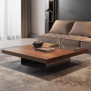Tavolino da Caffè Minimalista Quadrato in Legno Massello di Alta Qualità, Design Moderno e Semplice con Venature Noce e <span class=keywords><strong>Piedi</strong></span> in Acciaio Inossidabile - Product Image 2