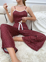 Custom Dot Print Lace Front Cami Top Pijamas Bambú Modal Long Lounge Pants Pijamas Loungewear Mujeres Set