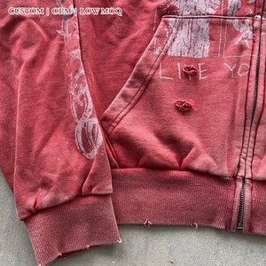 Sweat à capuche zippé personnalisé, style vintage délavé et vieilli, imprimé graphique, streetwear, coupe oversize, OEM, faible MOQ - Product Image 4
