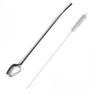 304 Stainless Steel Straw Fork Fruit Salad Ice Fork Stirring Integrated Dual-Use Camping Kitchen Utensils