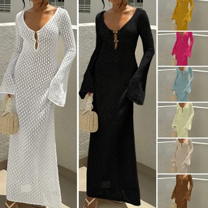 Nuevo Vestido de Playa Tejido para Vacaciones, Cuello en V, Botones, Manga Larga, Cintura Elástica, Diseño de Crochet, Textura Hueca, para Primavera, Protección Solar - Product Image 3