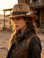 Nuevo Sombrero Fedora Vaquero Occidental de Ala Ancha de Fieltro con Cinturón de Leopardo y Pluma, Estilo Retro Gótico para Disfraz, para Hombres y Mujeres
