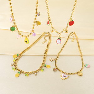Punto de fábrica al por mayor 2025 nueva moda verano fruta fresca serie goteo aceite piña colgante collar de cadena cubana de acero inoxidable - Product Image 5