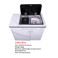 Module de cuisine LXRV en acier inoxydable avec plan de travail en bois clair à texture marbre pour camping-car, caravane, MPV - Bon rangement, gain de place