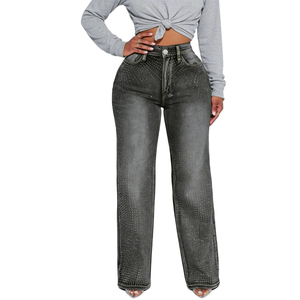 Pantalon en jean évasé scintillant pour femme, style Y2K décontracté, taille haute, avec strass, coupe large, tendance - Product Image 3
