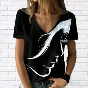 2023 European and American women's V lead like printed pullover short sleeve T-shirt women's top