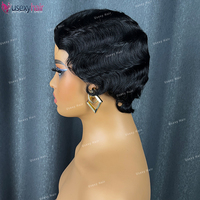 Perruque Cheveux Humains Bob Court Pixie Coupée sans Colle, Perruque Frontale sans Lace avec Frange, Noire Naturelle, Entièrement Faite à la Machine