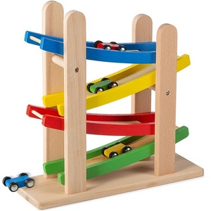 Wooden Ramp Racer 4 Level Wooden Creation Toy Toddler Car Track Toys with 4 Mini Car Racers