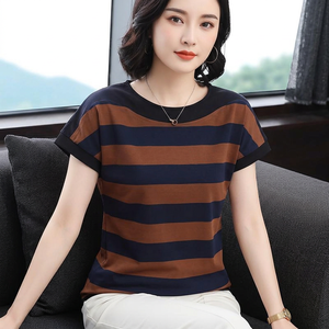 <b>Women's</b> Striped Crew Neck Short Sleeve T-Shirt Regular Fit Casual Knitted Cotton Top Anti-Shrink Logo 180g Spring Summer - Product Image 5