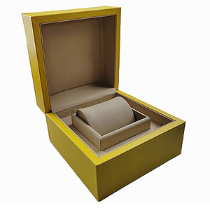 Cajas de reloj de cuero marrón amarillo brillante al por mayor con soporte enrollable y bolsa exterior de papel - Product Image 1