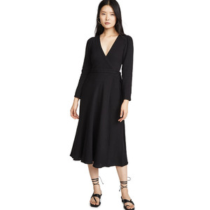 De <span class=keywords><strong>algodón</strong></span> de manga larga de otoño negro liso con cuello en V <span class=keywords><strong>Mujer</strong></span> vendaje <span class=keywords><strong>vestido</strong></span> casual - Product Image 1