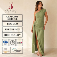 Gaun Maxi Wanita Joydressing Warna Hijau Zaitun Satu Bahu dengan Detail Ruched dan Belahan Samping untuk Acara Malam