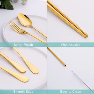 Du Lịch Xách Tay Bạc 8 cái cắm trại Flatware rơm dao muỗng nĩa đũa thép không gỉ thiết lập dao kéo với trường hợp - Product Image 3