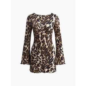<span class=keywords><strong>OOTD</strong></span> señoras Sexy vestido de poliéster estampado de leopardo encaje Halter cintura manga larga corta Oficina señoras moda elegante escote vestido - Product Image 2