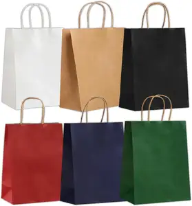 حقيبة حمل تسوق بيضاء وبنية من ورق الكرافت حقيبة مموجة ذات يد مطبوع عليها شعار