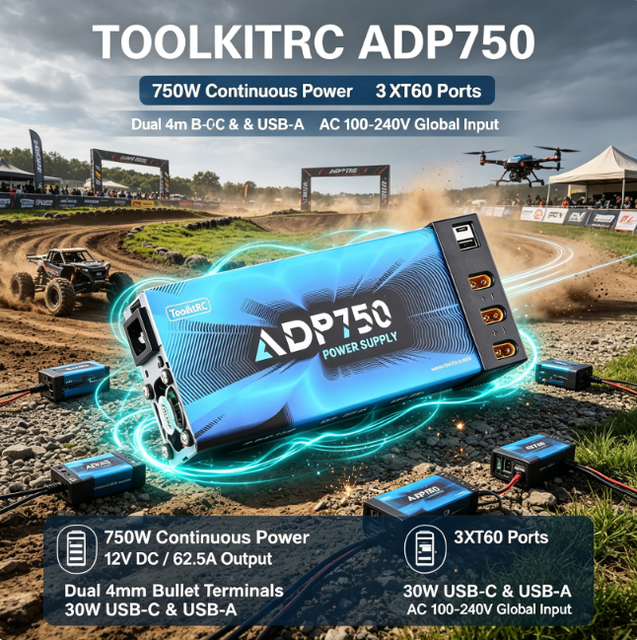 ToolkitRC ADP750 750W Industrial AC-DC Power Supply 12V Server Fast RC LiPo Battery Charger Type-C PD3.0 for Drones Professional
