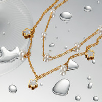 Collier pendentif personnalisé tendance à double couche en acier inoxydable plaqué or 18 carats avec imitation perle en forme de fleur et chaîne serpent pour