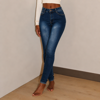 Jean en denim extensible taille haute bleu foncé respirant pour femme grande taille, coupe skinny, décontracté, été, personnalisable OEM ODM