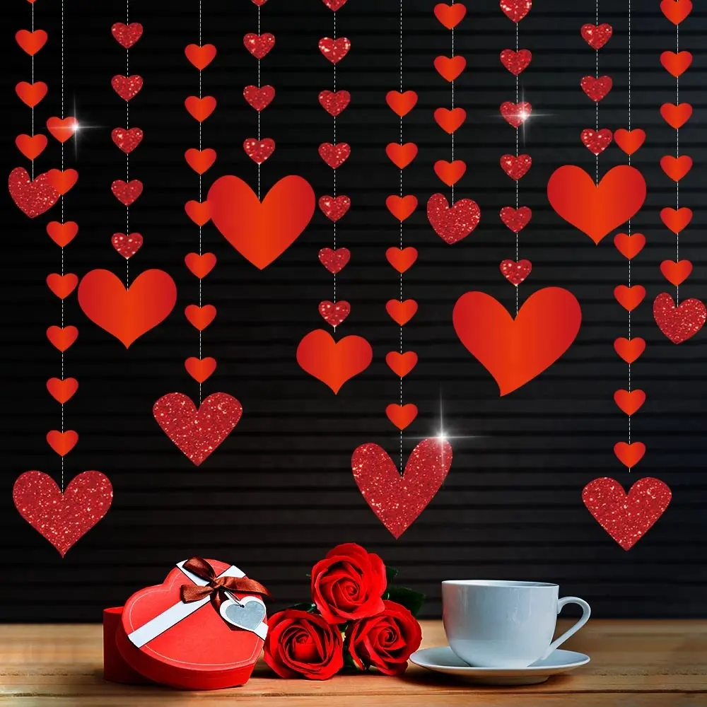 Glitter Red Heart Garland Decorations Valentines's Day Wedding Anniversary Birthday Party Supplies Heart Streamer Banner