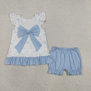 En stock Ensemble d'été pour bébés filles et enfants, hauts sans manches à nœuds et fleurs, shorts à volants - Product Image 2