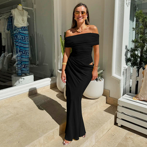 Robe maxi élégante à épaules dénudées en maille patchwork pour femmes, robe longue cintrée à la taille, robe de soirée sexy transparente - Product Image 4