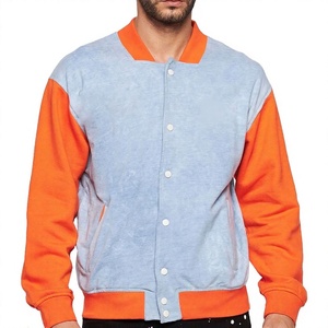 SPARKWELL INDUSTRY Men's Light Blue Orange Color Block Eco-friendly Stand Collar Varsity Jacket <b>Button</b> Closure Regular Fit - Product Image 1