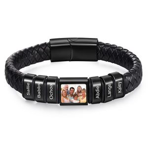 Brassard en <span class=keywords><strong>cuir</strong></span> tressé noir véritable pour hommes, accessoire de <span class=keywords><strong>bracelet</strong></span>, <span class=keywords><strong>bracelet</strong></span> en acier inoxydable, perle gravée, nom imprimé, <span class=keywords><strong>bracelet</strong></span> photo, bricolage personnalisé - Product Image 5