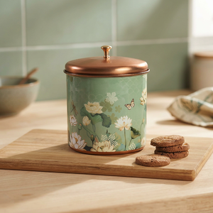 Boîte alimentaire ronde en métal avec couvercle, motif floral, couvercle en cuivre vert, pot de rangement pour la cuisine - Product Image 4