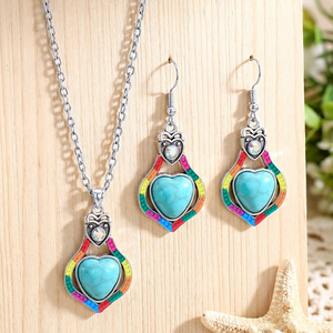 Conjunto de collar y aretes con forma de corazón, aleación plateada, estilo bohemio, joyería para mujer, conjuntos de moda para fiestas con incrustaciones de turquesa - Product Image 4