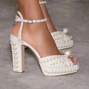 Zapatos para mujer con cuentas tacón grueso boca de pez sandalias 35-41 tacón alto plataforma impermeable zapatos de mujer boda - Product Image 2
