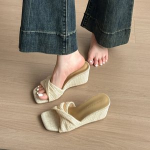 Brown Casual White Style Wedge Resort <b>Sandals</b> Open Toe Flat <b>Sandals</b> for Women Outdoor Woven Versatile Square Toe Retro - Product Image 5