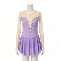 Robe de patinage artistique et de danse pour enfants et adultes, couleur lavande, en maille nude, à manches longues, avec strass et découpe florale ovale au dos, pour compétition et spectacle