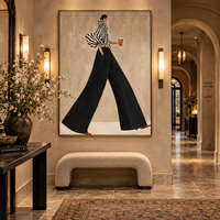 Tableau mural moderne en toile pour femme, motif rayures noires et blanches, peinture de dame au café, pour salon, hôtel, bureau, boutique, décoration