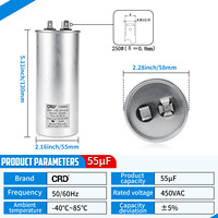 Condensateur CBB65 imprégné d'huile végétale 55uF450VAC pour moteur de climatiseur, boîtier en aluminium, longue durée de vie, conforme RoHS