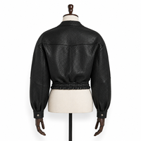 Blouson court pour femme en peau de mouton véritable noir obsidienne, fermeture éclair, col rond, écologique, anti-rides, automne