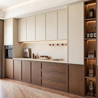 Buffet flottant moderne en noyer avec éclairage LED et étagères ouvertes, sans poignées, beige, pour salon