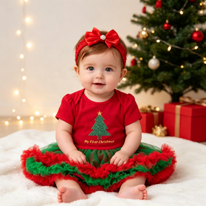 Set di 2 Pezzi per Bambine, Vestito Natalizio da Festa, Abito Principessa in Rete Rosso e Verde con Testa di Babbo Natale per Neonata - Product Image 3
