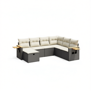 Juego de sofás de jardín modulares de ratán de 7 piezas, muebles de exterior de color negro y crema, diseño contemporáneo, cojines de espuma de alta densidad - Product Image 1