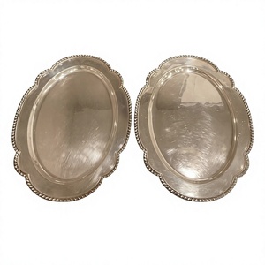 Assiettes ovales en laiton avec bordure perlée, style floral, assiettes et plats argentés, décoration de table de restaurant, fournitures pour événements - Product Image 1