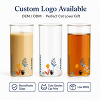 Mignon verre à café en borosilicate avec motif chat de jardin, 400 ml, haute transparence, résistant à la chaleur, pour café, lait, thé, eau