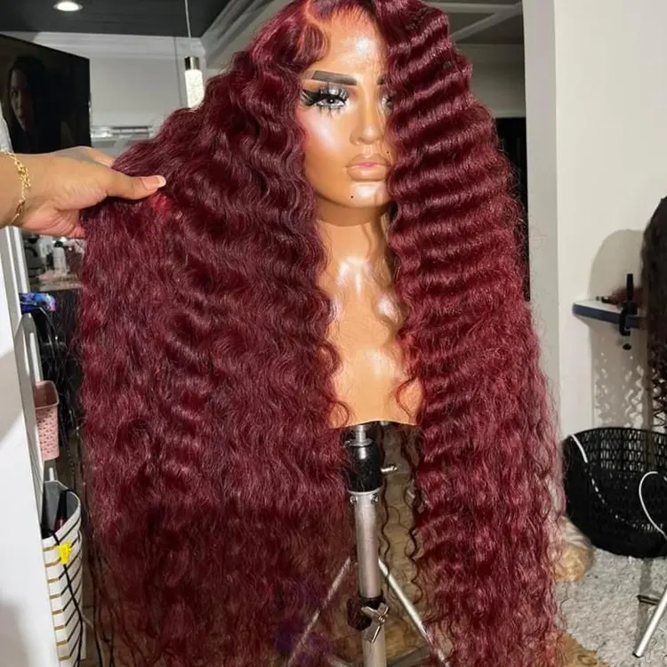 Human Hair Lace Wig Deep Wave 99J Color Wig Red Wine Burgundy Wig