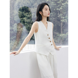 Women Sleeveless Vest Solid Color Button Front Summer Casual Work Wear Two Piece Set - Product Image 1