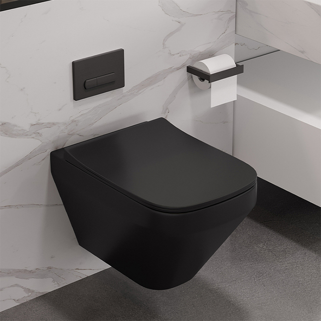 Sanitary Ware Ceramic Rimless Matt Black Square Wall Hung Toilet