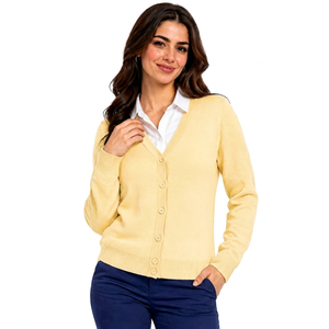 Cárdigan de Punto con Cuello en V Amarillo para Mujer, Manga Larga, Color Sólido, Informal, para Otoño, Transpirable, 100% Acrílico - Product Image 1