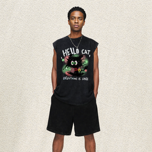 Canotta Oversize Nera Lavata con Effetto Acido, Motivo Gatto Nero Spaventoso e Soffice, HELLO CAT, con Stampa Spray 'EVERYTHING IS SMILE' - Product Image 3